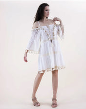 Striped Lace & Crochet Accents Drop Shoulder Tassel Pom Pom Hems Dress