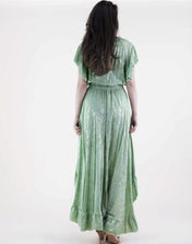 GREEN Dress Luster Paisley Surplice High Low Dress Ruffle Trim Boho Dress