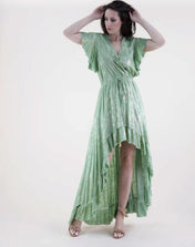 GREEN Dress Luster Paisley Surplice High Low Dress Ruffle Trim Boho Dress