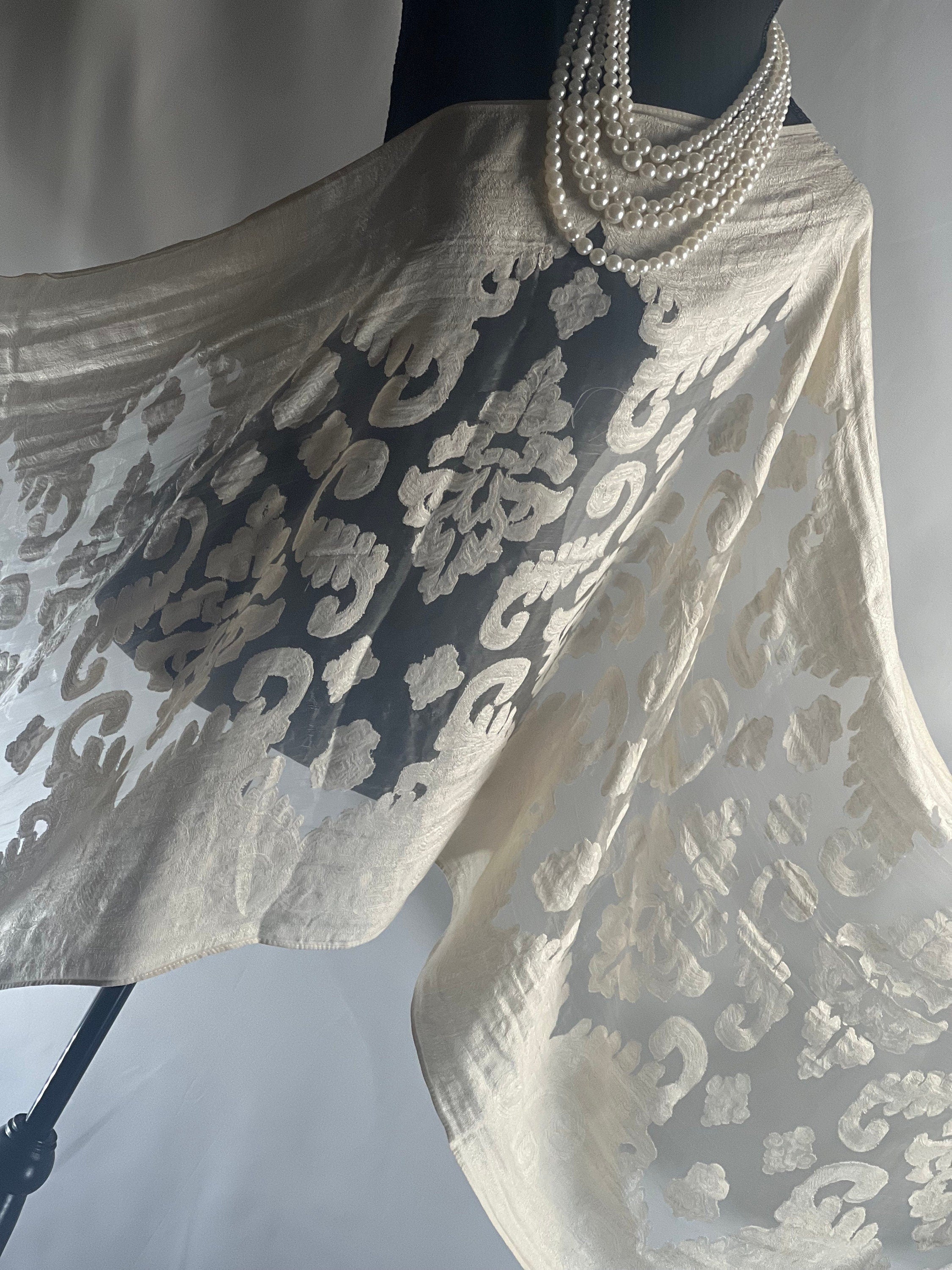 Ivory Silk Scarf Elegant Flower Cut Organza Silk Scarf: Sheer Floral Wrap for Weddings and Evenings