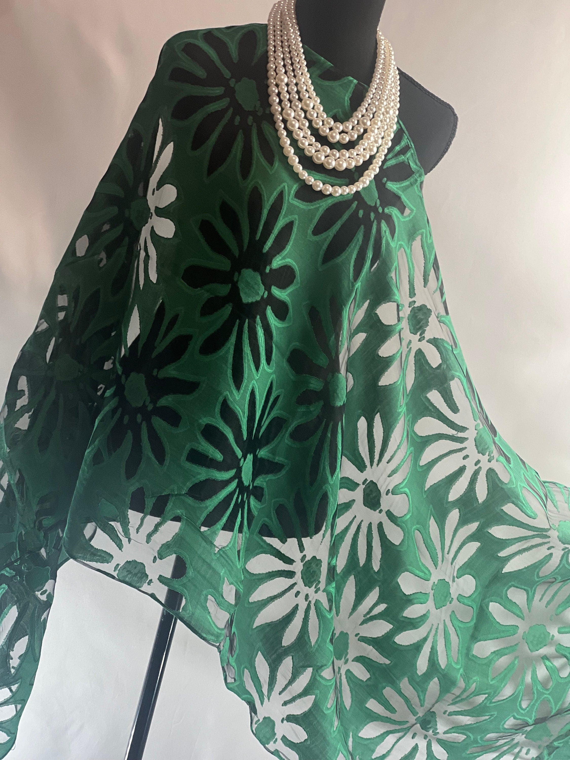 Green Silk Scarf Elegant Flower Cut Organza Silk Scarf: Sheer Floral Wrap for Weddings and Evenings