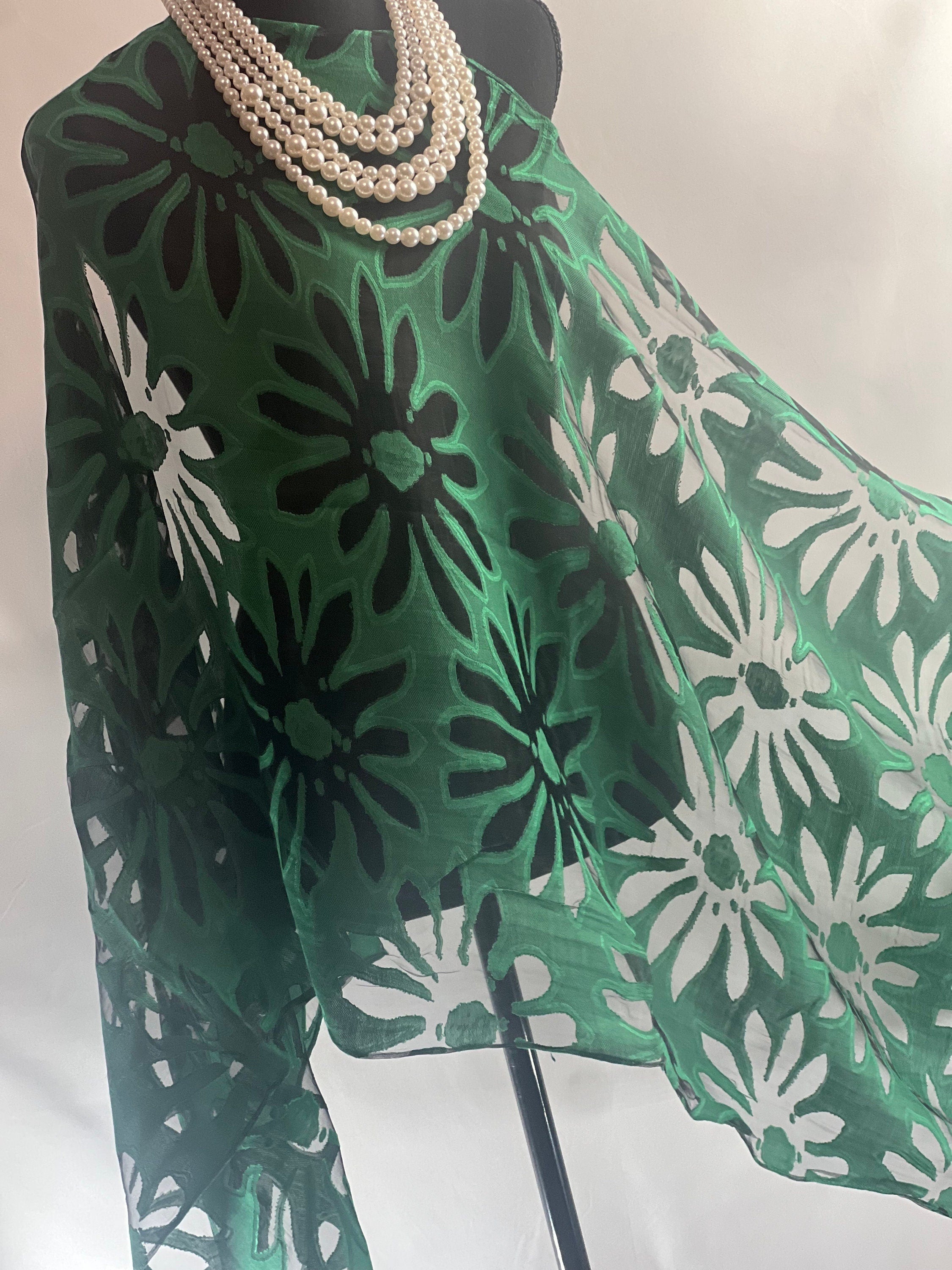 Green Silk Scarf Elegant Flower Cut Organza Silk Scarf: Sheer Floral Wrap for Weddings and Evenings