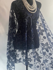 Navy Blue Silk Elegant Flower Cut Organza Silk Scarf: Sheer Floral Wrap for Weddings and Evenings