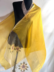 Yellow Gold Scarf Embroidery on Translucent Silk: Charming Shining Organza Silk Scarf for Weddings and Evening Affairs