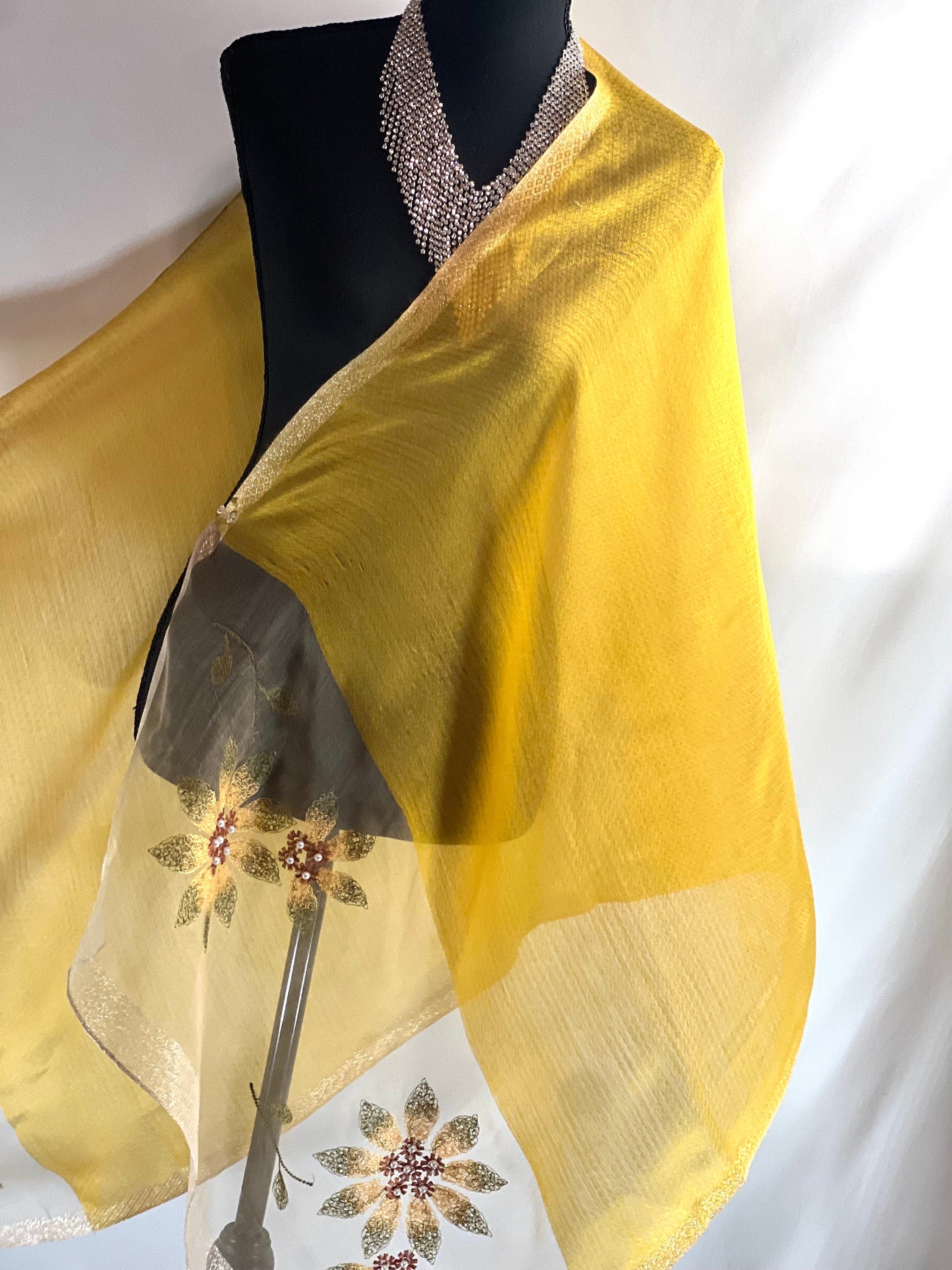 Yellow Gold Scarf Embroidery on Translucent Silk: Charming Shining Organza Silk Scarf for Weddings and Evening Affairs