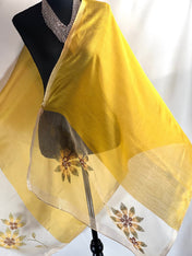 Yellow Gold Scarf Embroidery on Translucent Silk: Charming Shining Organza Silk Scarf for Weddings and Evening Affairs