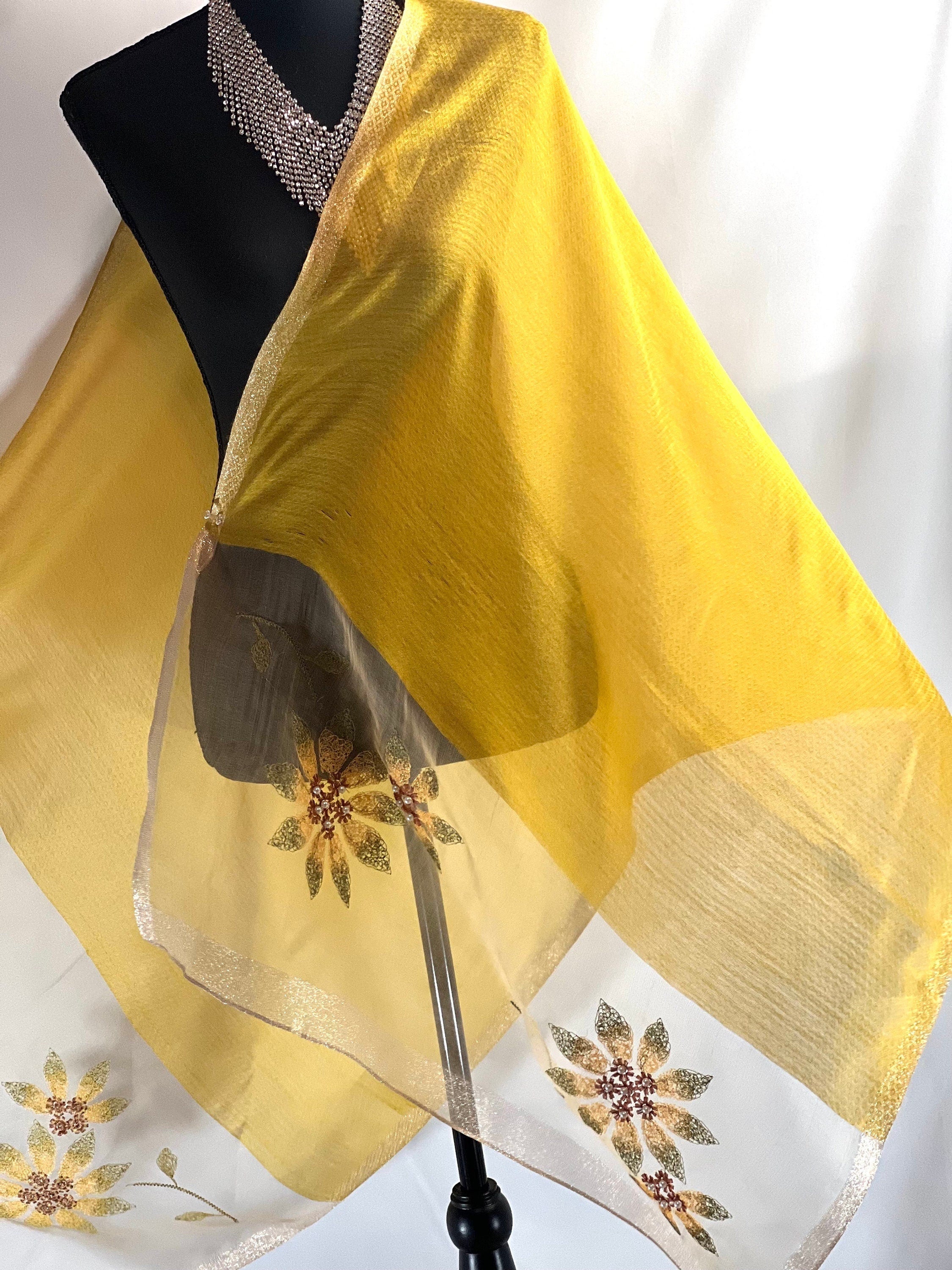 Yellow Gold Scarf Embroidery on Translucent Silk: Charming Shining Organza Silk Scarf for Weddings and Evening Affairs