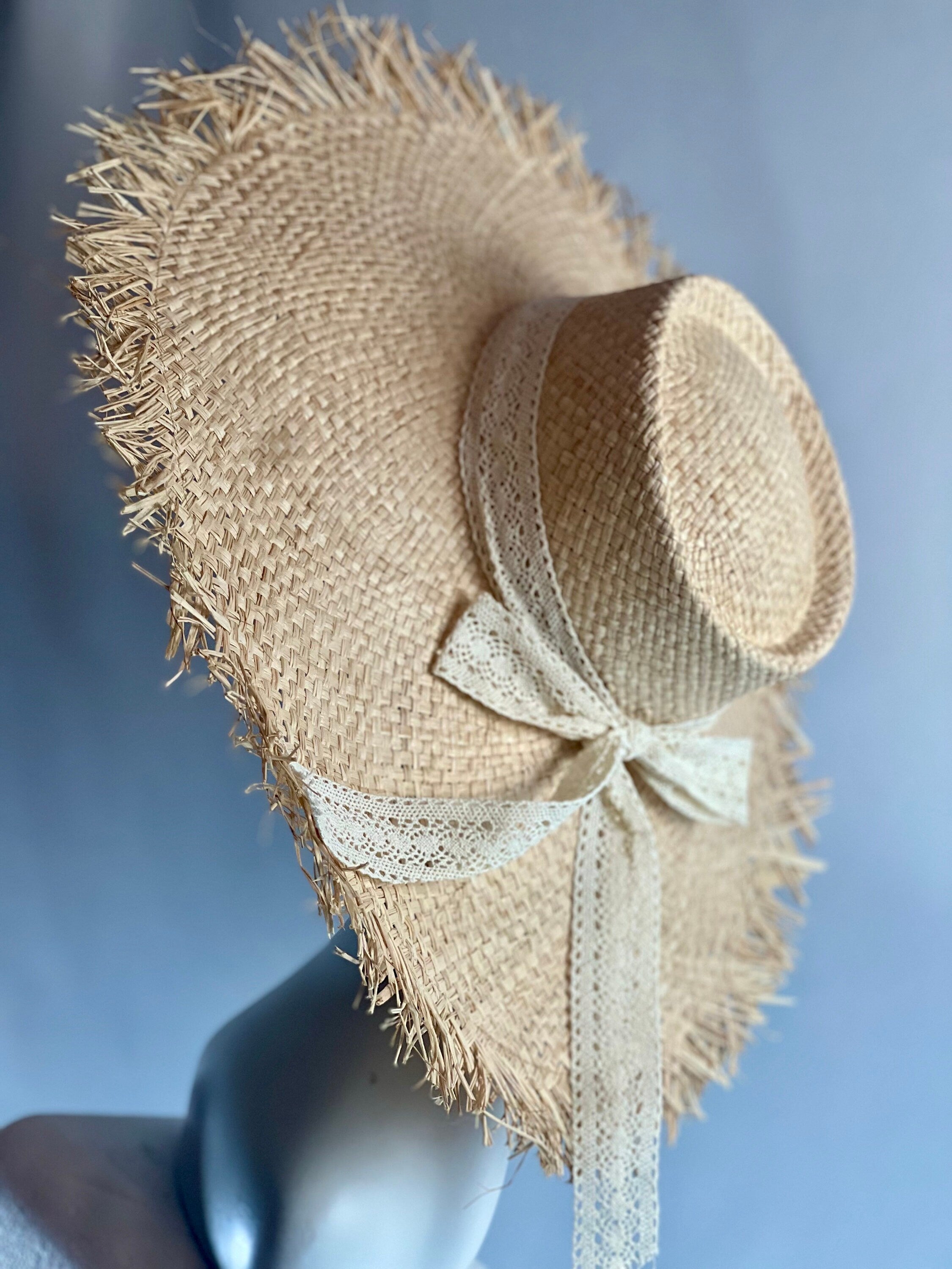 Light Cream Holiday Romance Sun Hat Summer Hat Oversize Raffia Palm Hat Large Beach Hat Extra Wide Brim Hat 21" Wide Sun Hat Wedding Hat