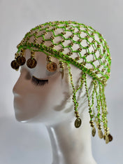 Green Gold Beaded Coins Tassel Exotic Cleopatra Head Piece Cap Egyptian Tassel Chain Durag Festival Hat Crochet Mesh Beaded