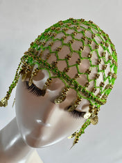 Green Gold Beaded Coins Tassel Exotic Cleopatra Head Piece Cap Egyptian Tassel Chain Durag Festival Hat Crochet Mesh Beaded