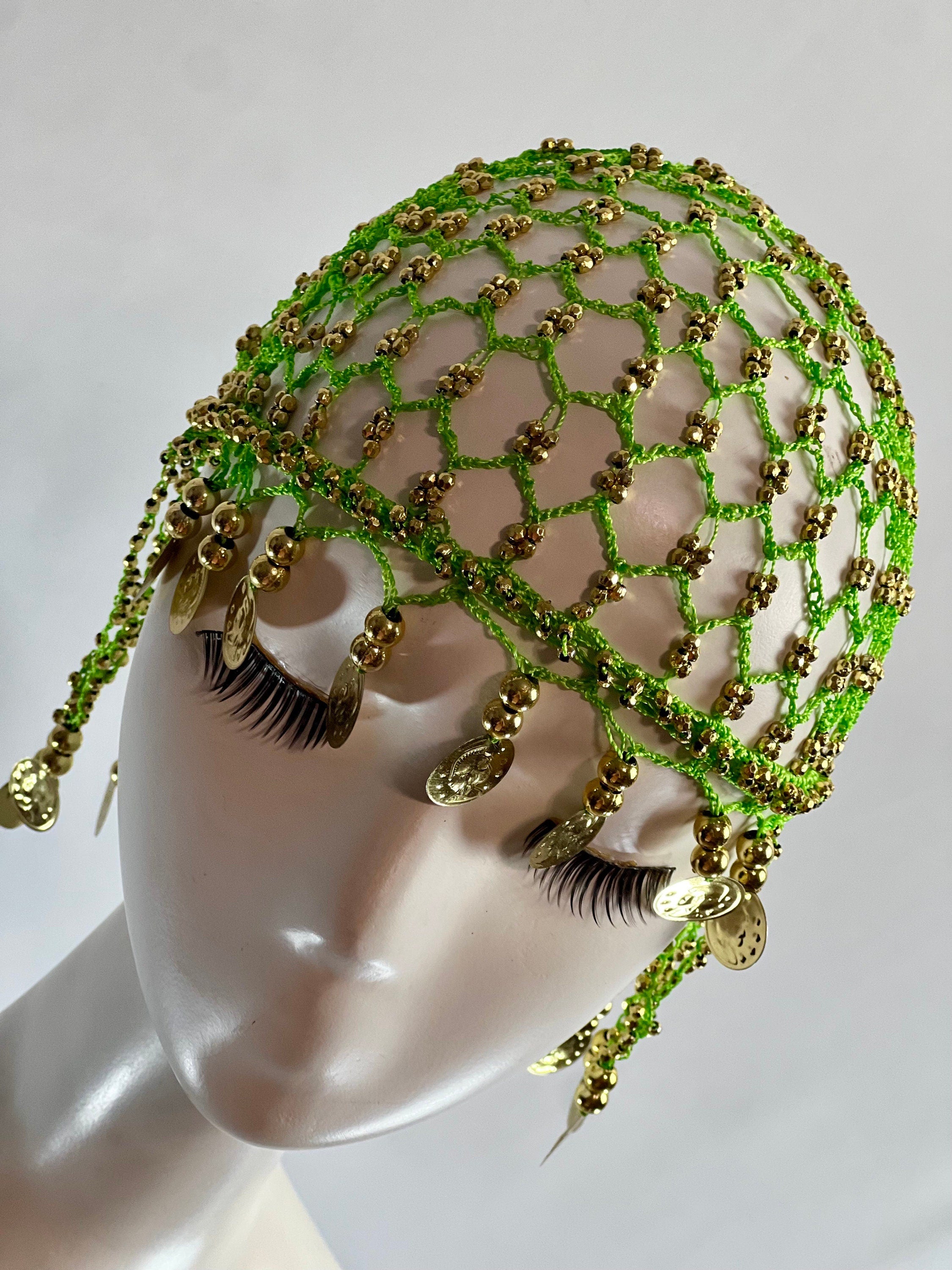 Green Gold Beaded Coins Tassel Exotic Cleopatra Head Piece Cap Egyptian Tassel Chain Durag Festival Hat Crochet Mesh Beaded