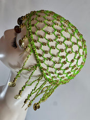 Green Gold Beaded Coins Tassel Exotic Cleopatra Head Piece Cap Egyptian Tassel Chain Durag Festival Hat Crochet Mesh Beaded