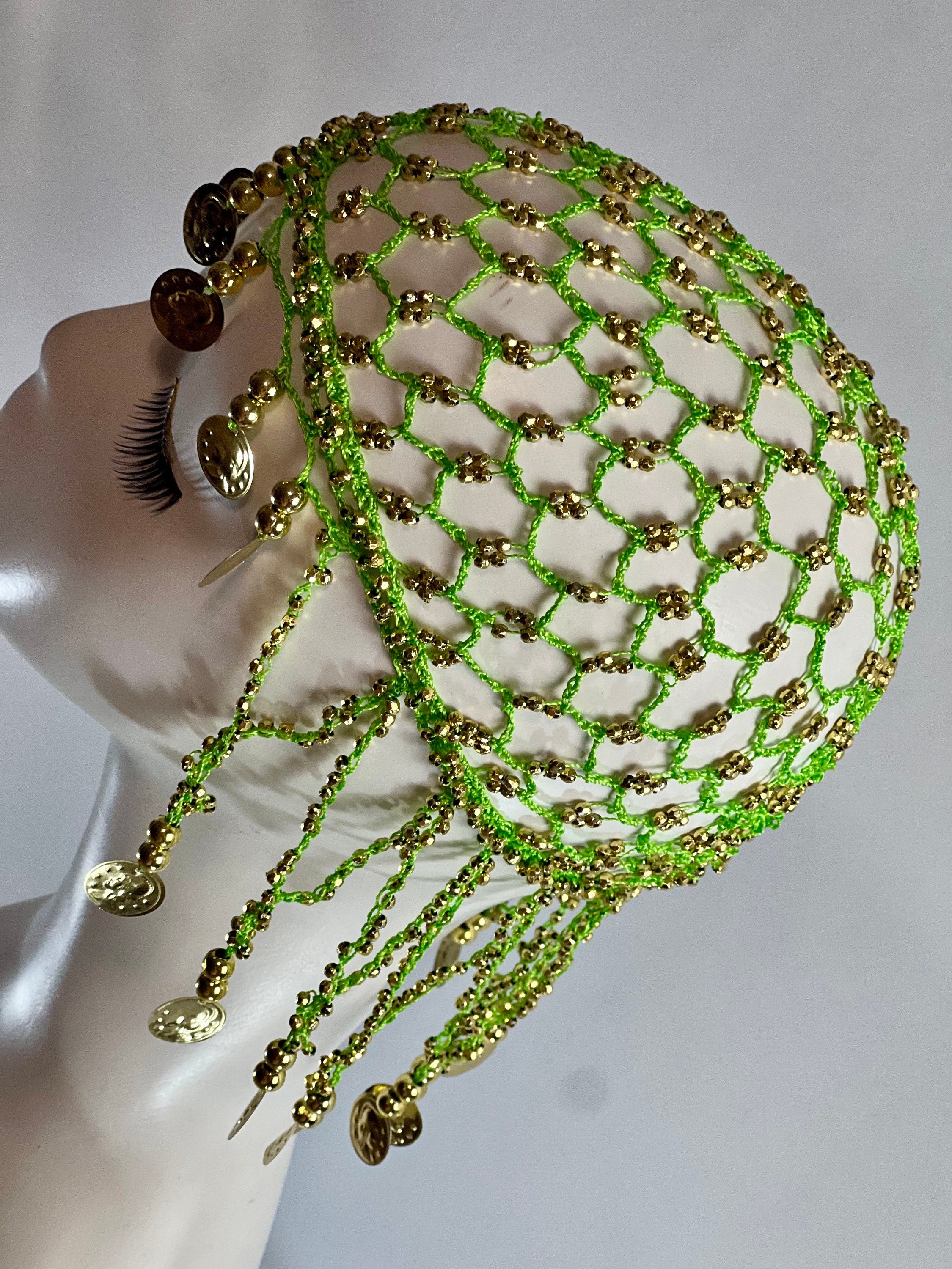 Green Gold Beaded Coins Tassel Exotic Cleopatra Head Piece Cap Egyptian Tassel Chain Durag Festival Hat Crochet Mesh Beaded