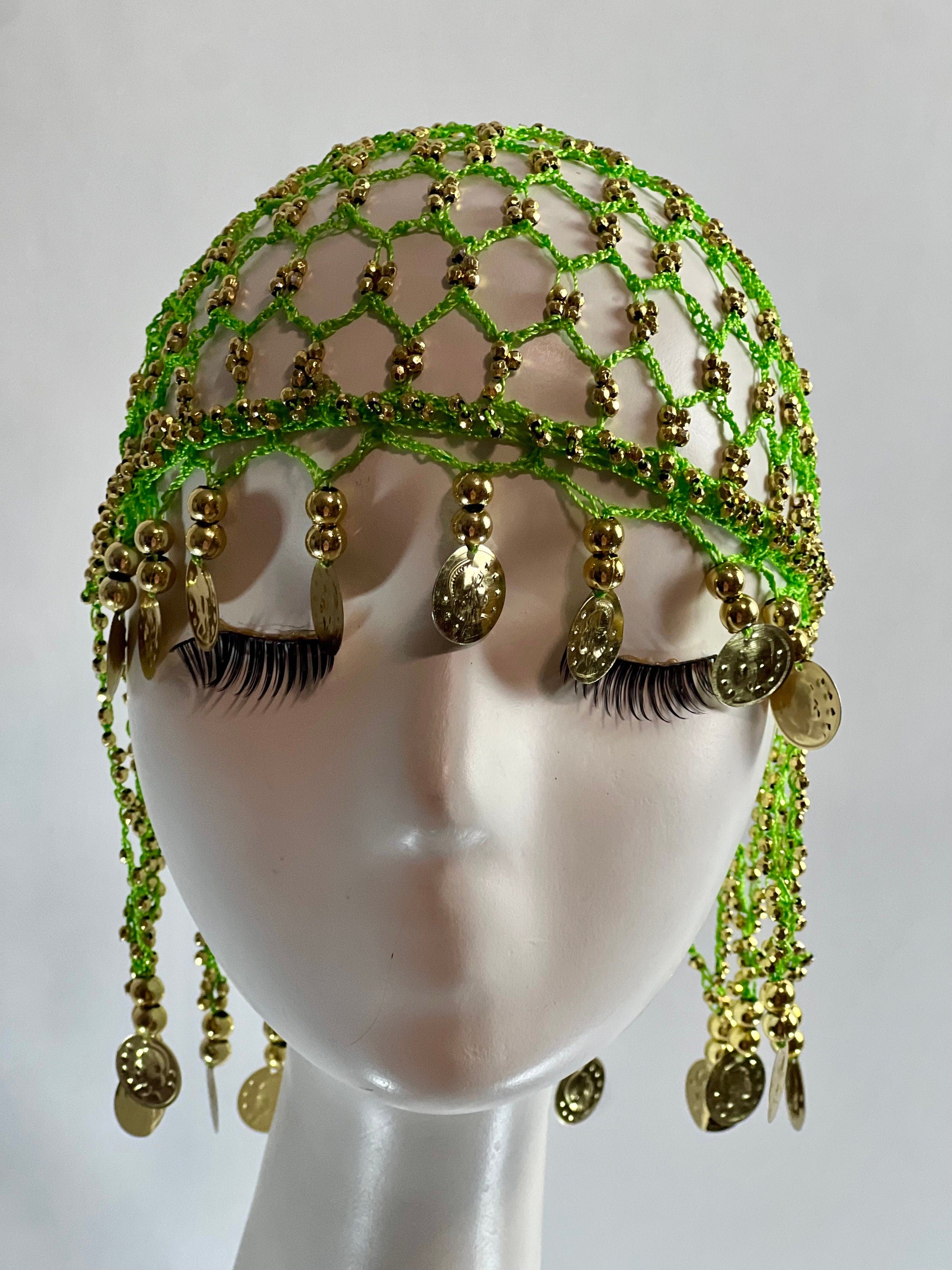 Green Gold Beaded Coins Tassel Exotic Cleopatra Head Piece Cap Egyptian Tassel Chain Durag Festival Hat Crochet Mesh Beaded