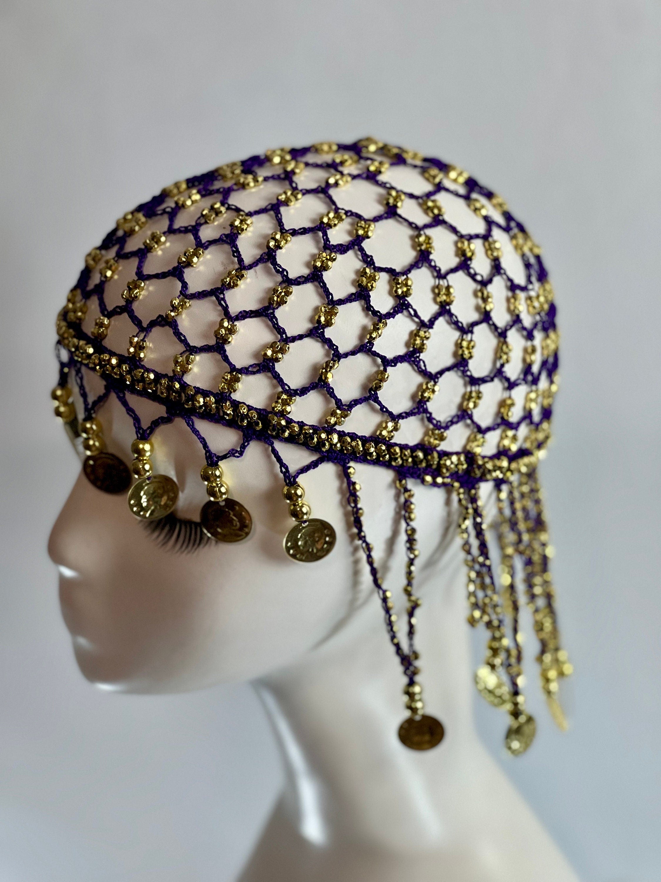 Gold Beaded Exotic Cleopatra Head Piece Cap Egyptian Tassel Chain Durag Festival Hat Gold Mesh Beaded Flapper Stretchy Cap Plastic beads