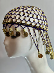 Gold Beaded Exotic Cleopatra Head Piece Cap Egyptian Tassel Chain Durag Festival Hat Gold Mesh Beaded Flapper Stretchy Cap Plastic beads