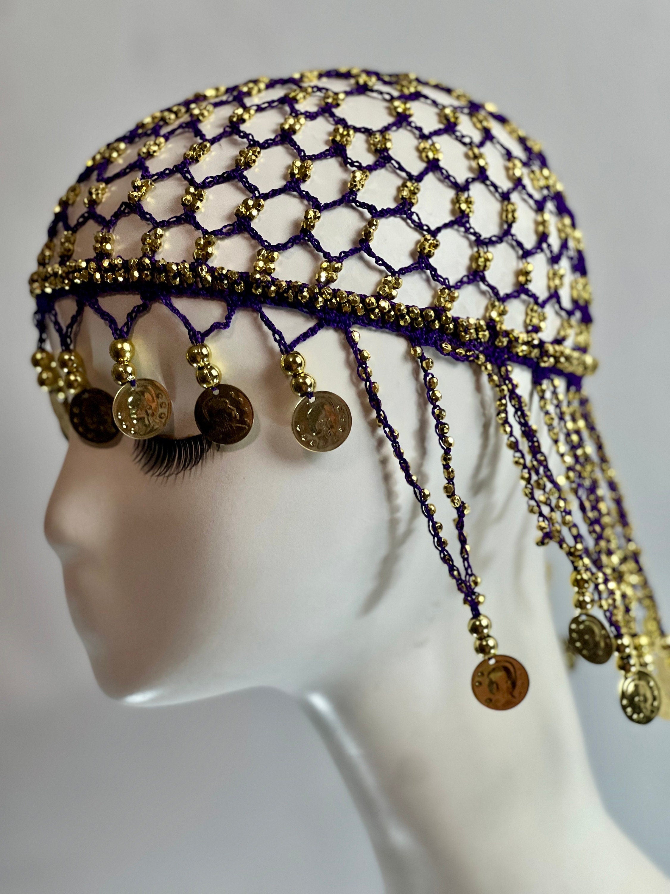 Gold Beaded Exotic Cleopatra Head Piece Cap Egyptian Tassel Chain Durag Festival Hat Gold Mesh Beaded Flapper Stretchy Cap Plastic beads