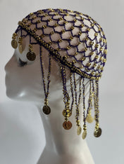 Gold Beaded Exotic Cleopatra Head Piece Cap Egyptian Tassel Chain Durag Festival Hat Gold Mesh Beaded Flapper Stretchy Cap Plastic beads