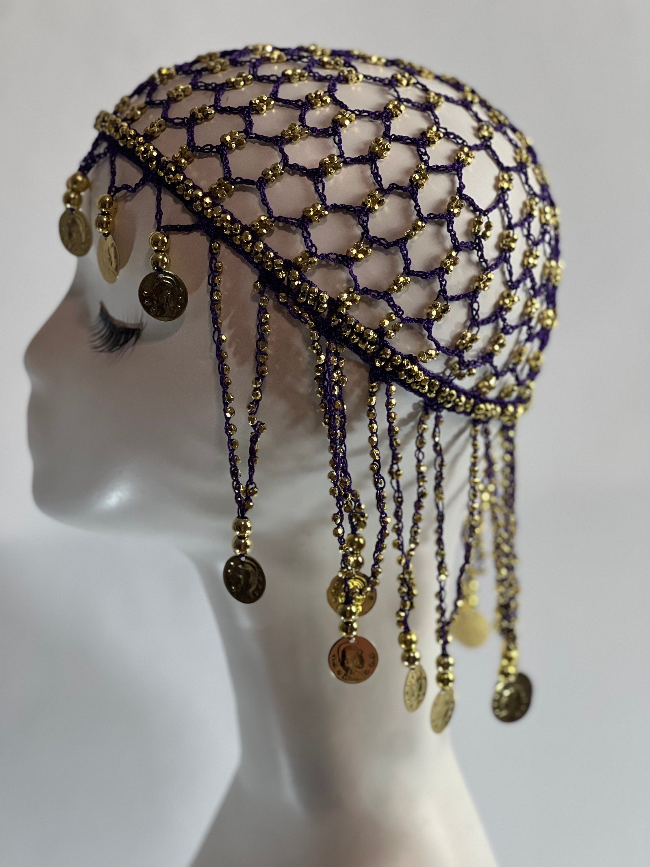 Gold Beaded Exotic Cleopatra Head Piece Cap Egyptian Tassel Chain Durag Festival Hat Gold Mesh Beaded Flapper Stretchy Cap Plastic beads