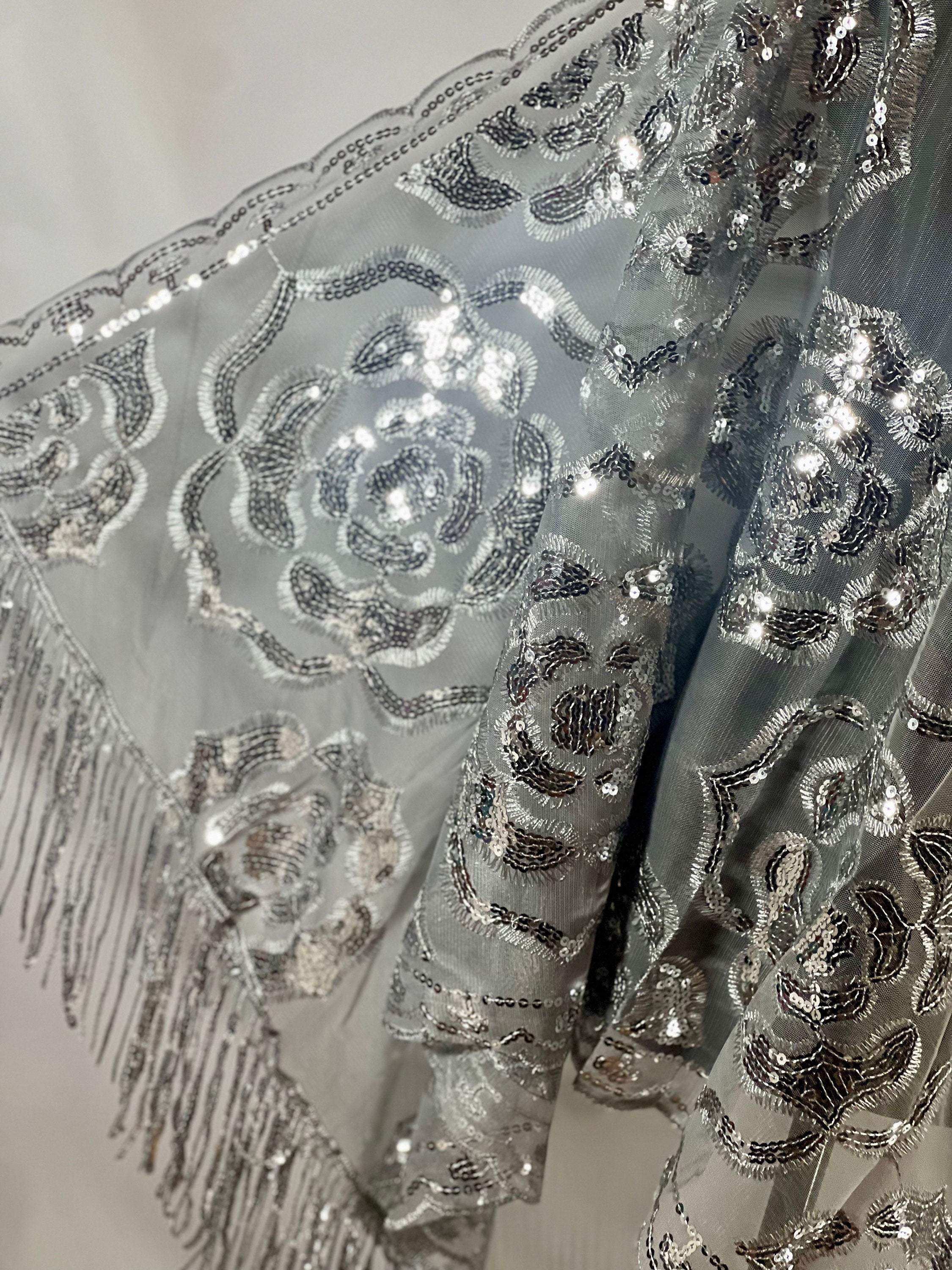 Roses Silver Glittering Vintage Roses Sequin Mesh GRAY Scarf,  Mesh Sequin Wedding Cape Fringed Evening Shawl Bling Gray scarf