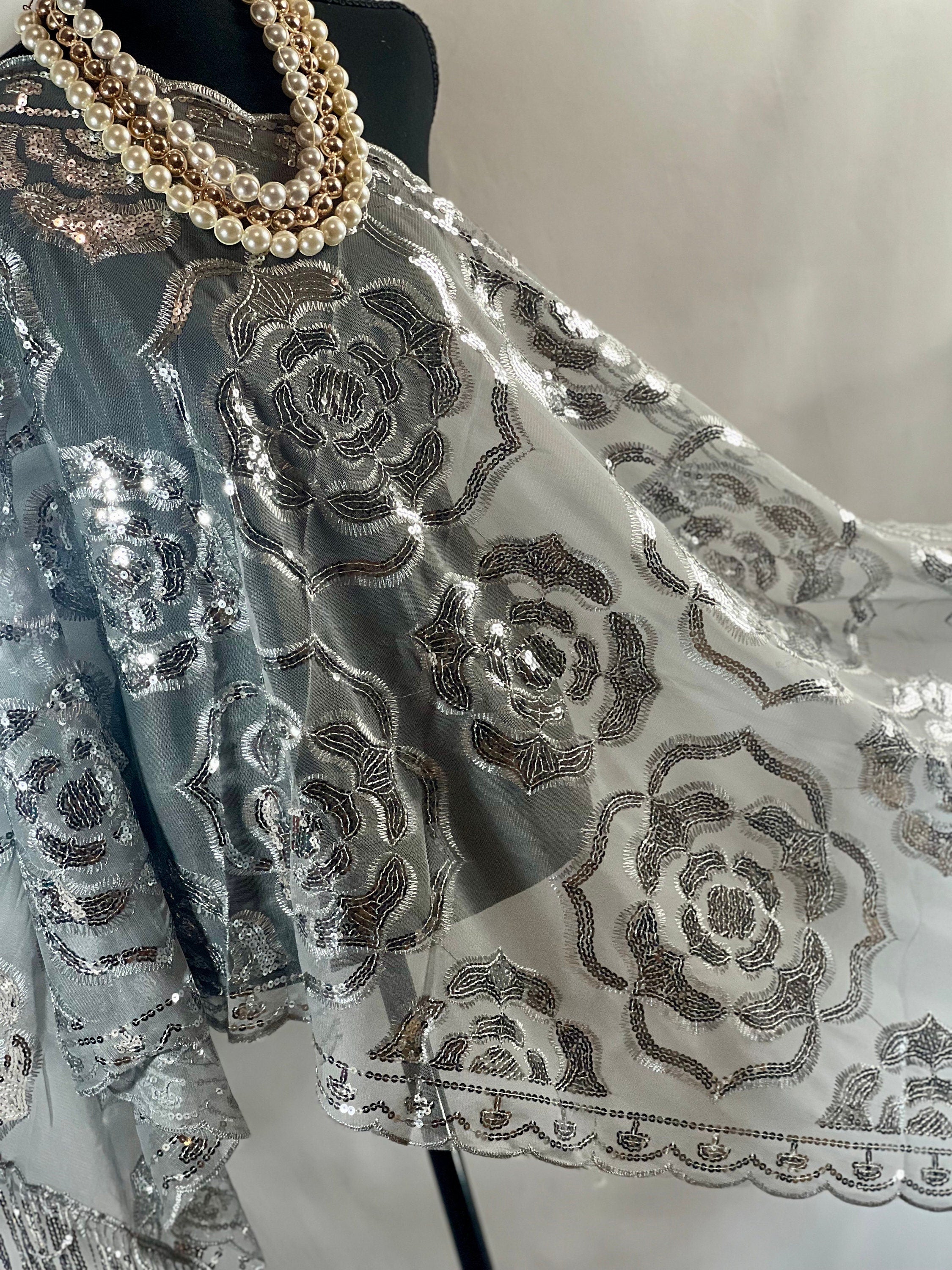 Roses Silver Glittering Vintage Roses Sequin Mesh GRAY Scarf,  Mesh Sequin Wedding Cape Fringed Evening Shawl Bling Gray scarf