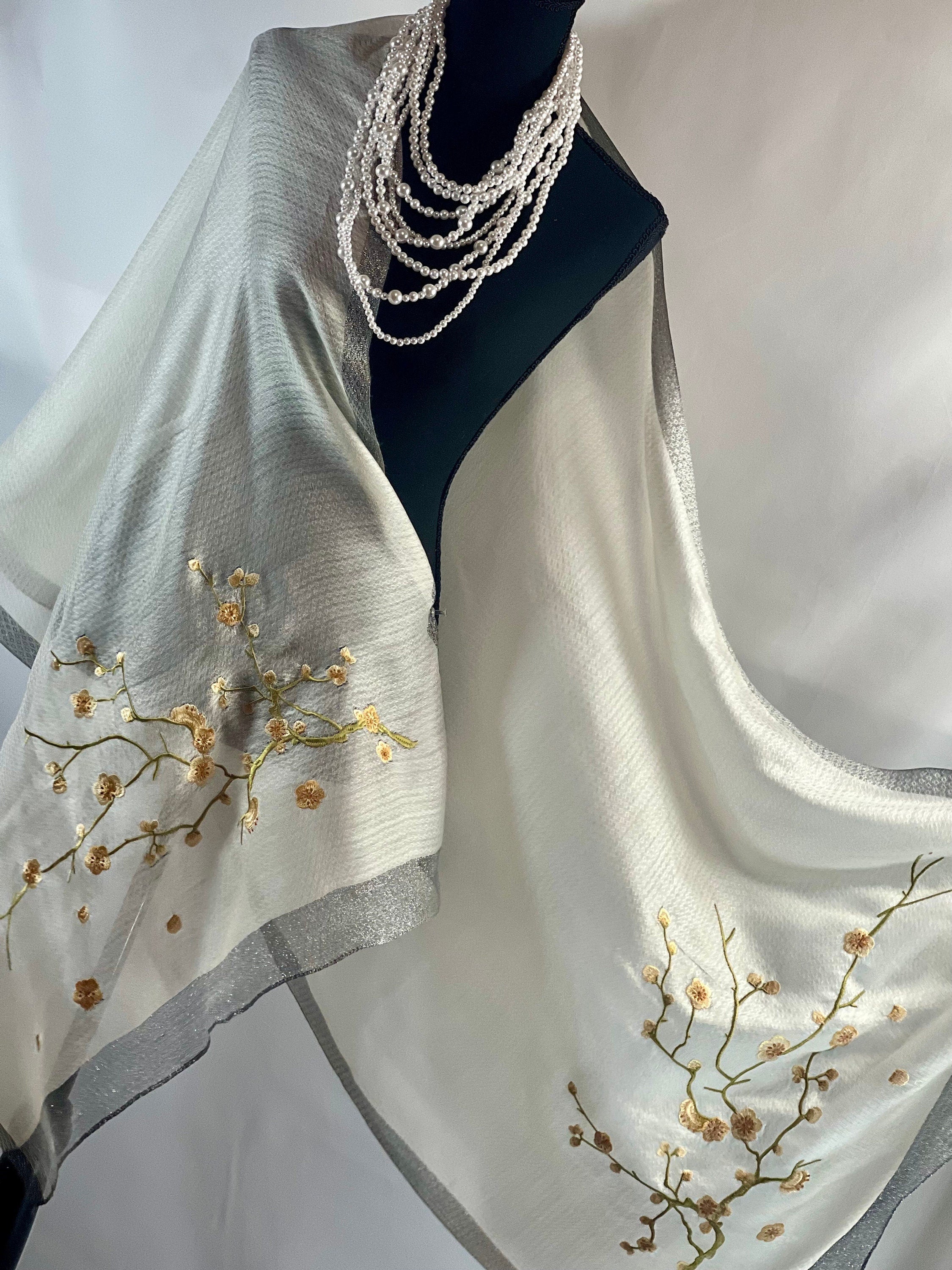 Ivory Silk Scarf Embroidery on Translucent Silk: Charming Shining Organza Silk Scarf for Weddings and Evening Affairs