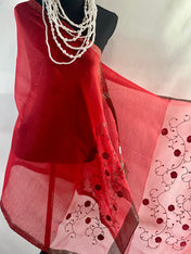 Hot Red Silk Scarf Embroidery on Translucent Silk: Charming Shining Organza Silk Scarf for Weddings and Evening Affairs