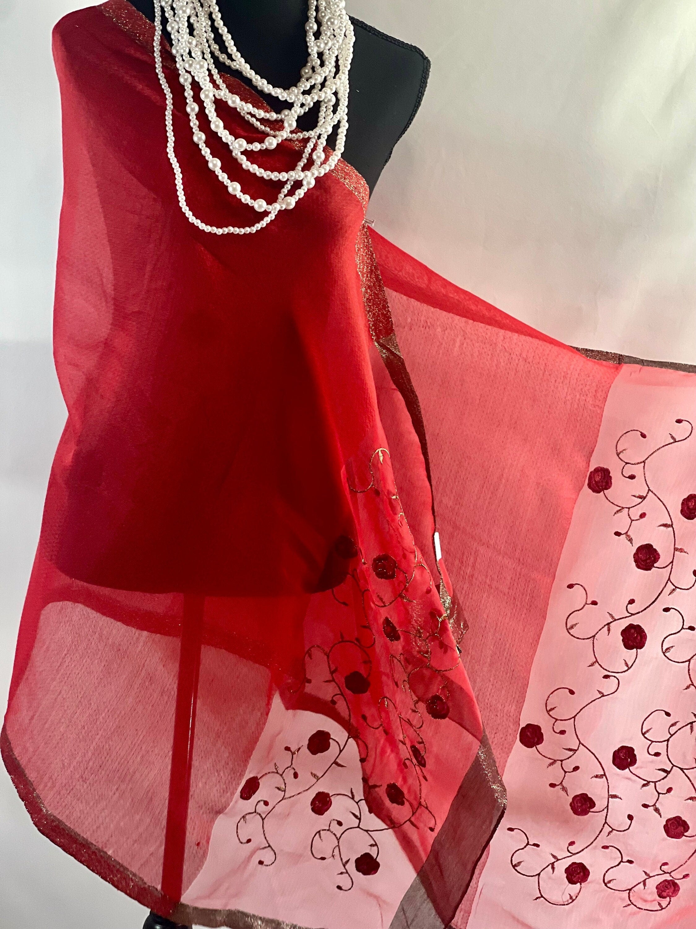 Hot Red Silk Scarf Embroidery on Translucent Silk: Charming Shining Organza Silk Scarf for Weddings and Evening Affairs