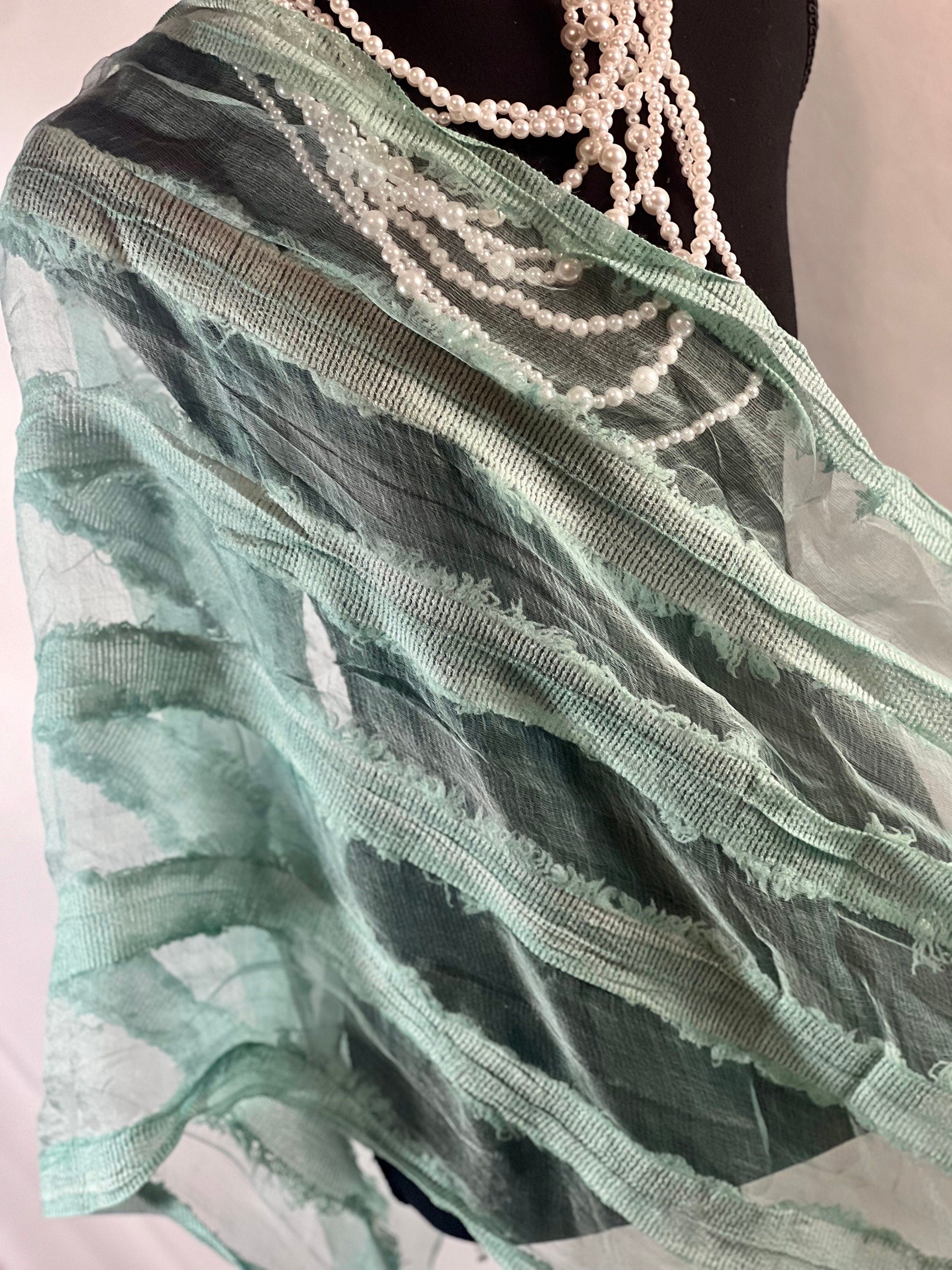 Green Distressed Sheer Elegant Scarf. Sheer Chiffon Black Wrap Sheer fabric Artful design, evening scarf.