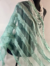 Green Distressed Sheer Elegant Scarf. Sheer Chiffon Black Wrap Sheer fabric Artful design, evening scarf.