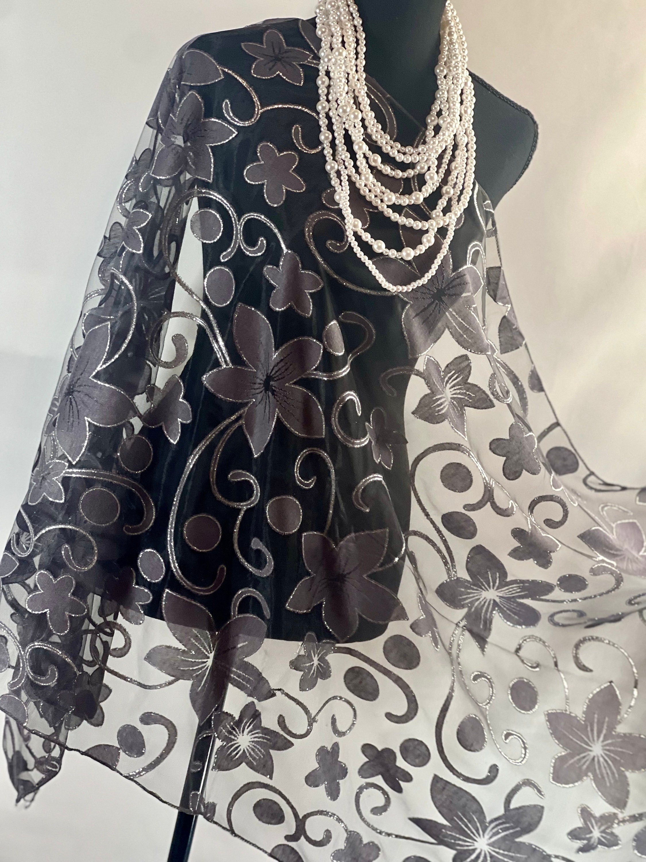 Glitter Black Floral Silk Scarf Elegant Flower Cut Organza Silk Scarf: Sheer Floral Wrap for Weddings and Evenings