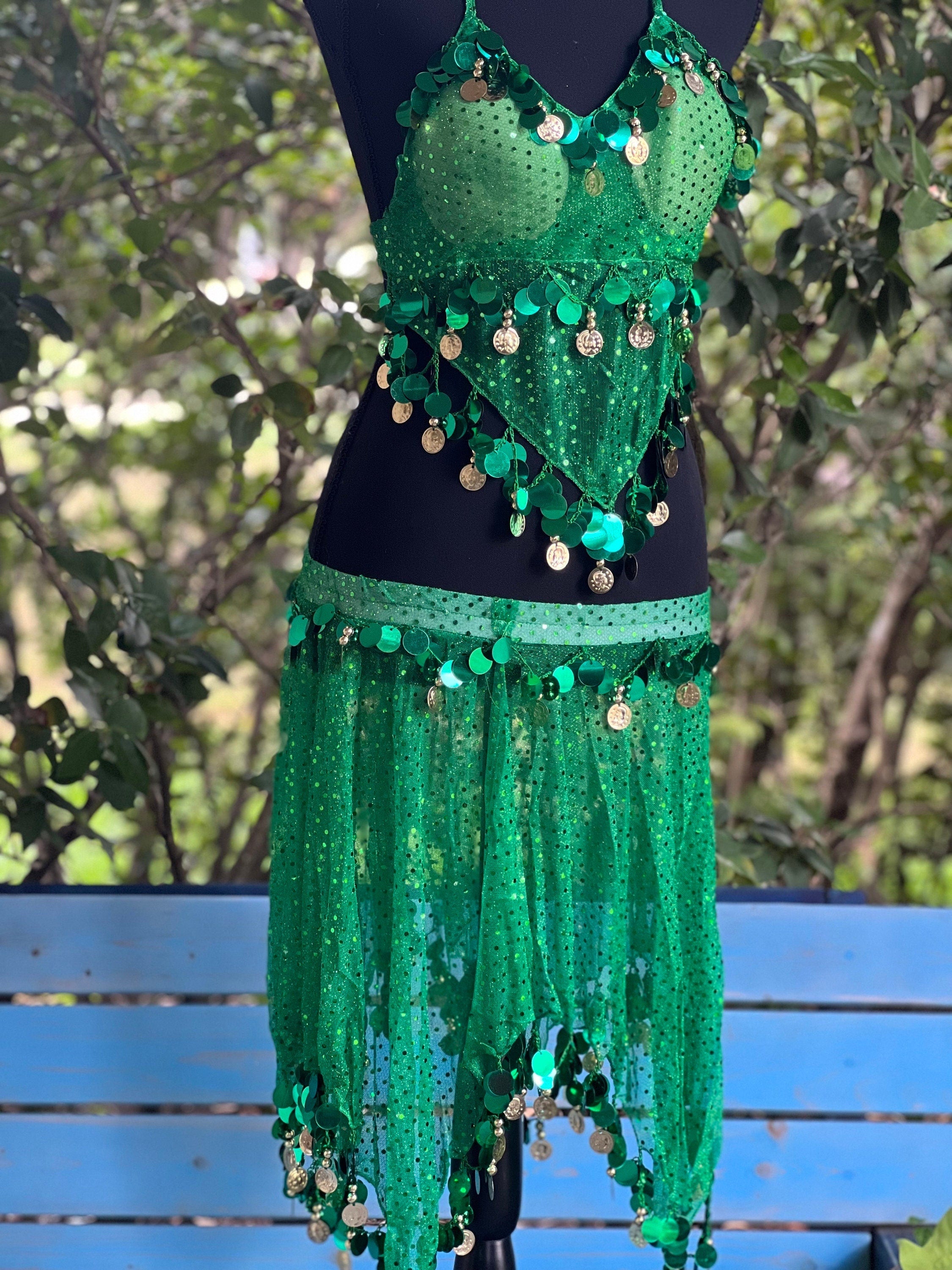 Green Tassel Bra Hip Scarf 2 pcs , Belly Dance Belt Performance Skirt. Belly Dance Hip Scarf Skirt Waist Chance Dance Belt Festival Clothing