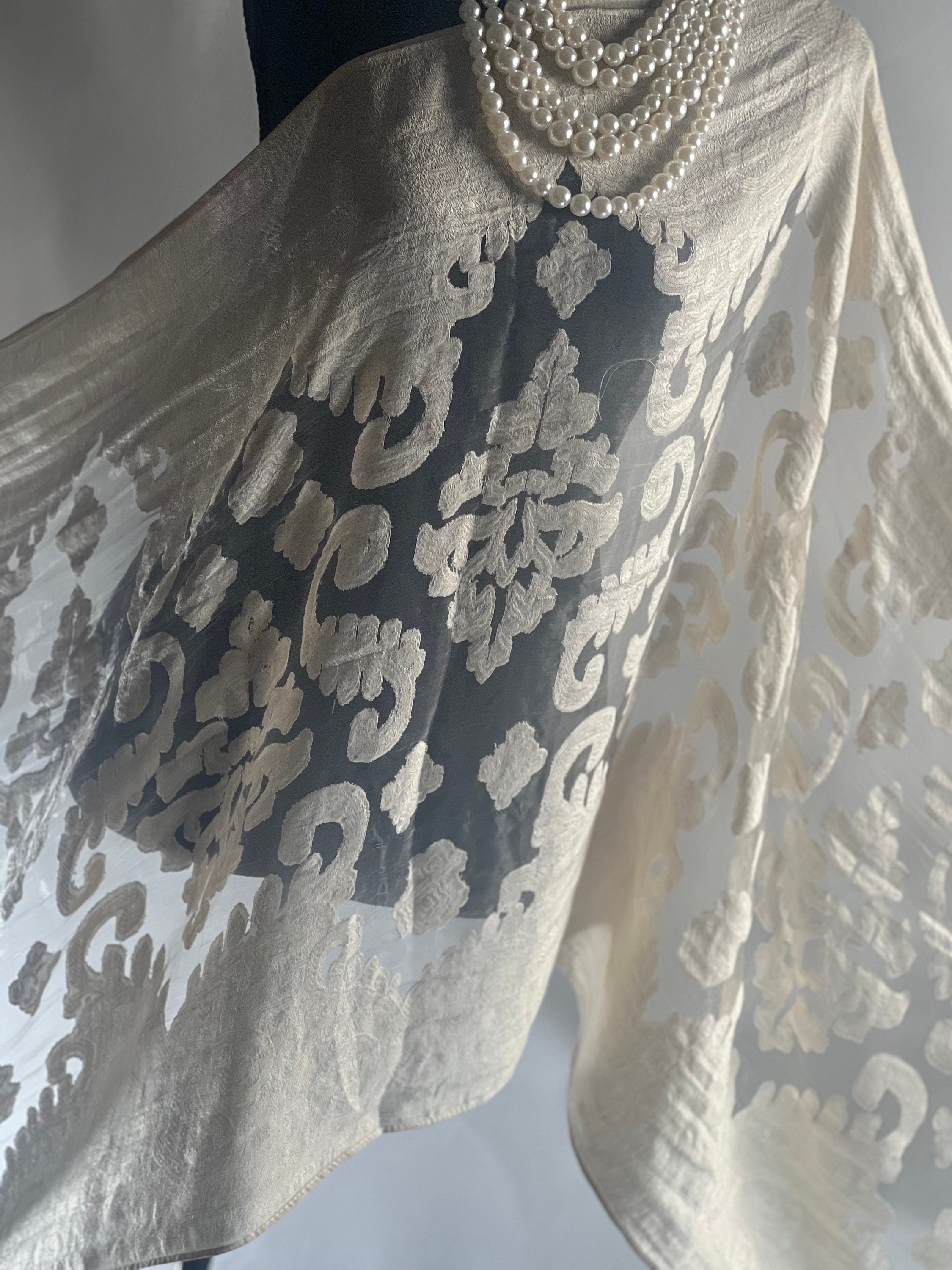 Ivory Silk Scarf Elegant Flower Cut Organza Silk Scarf: Sheer Floral Wrap for Weddings and Evenings