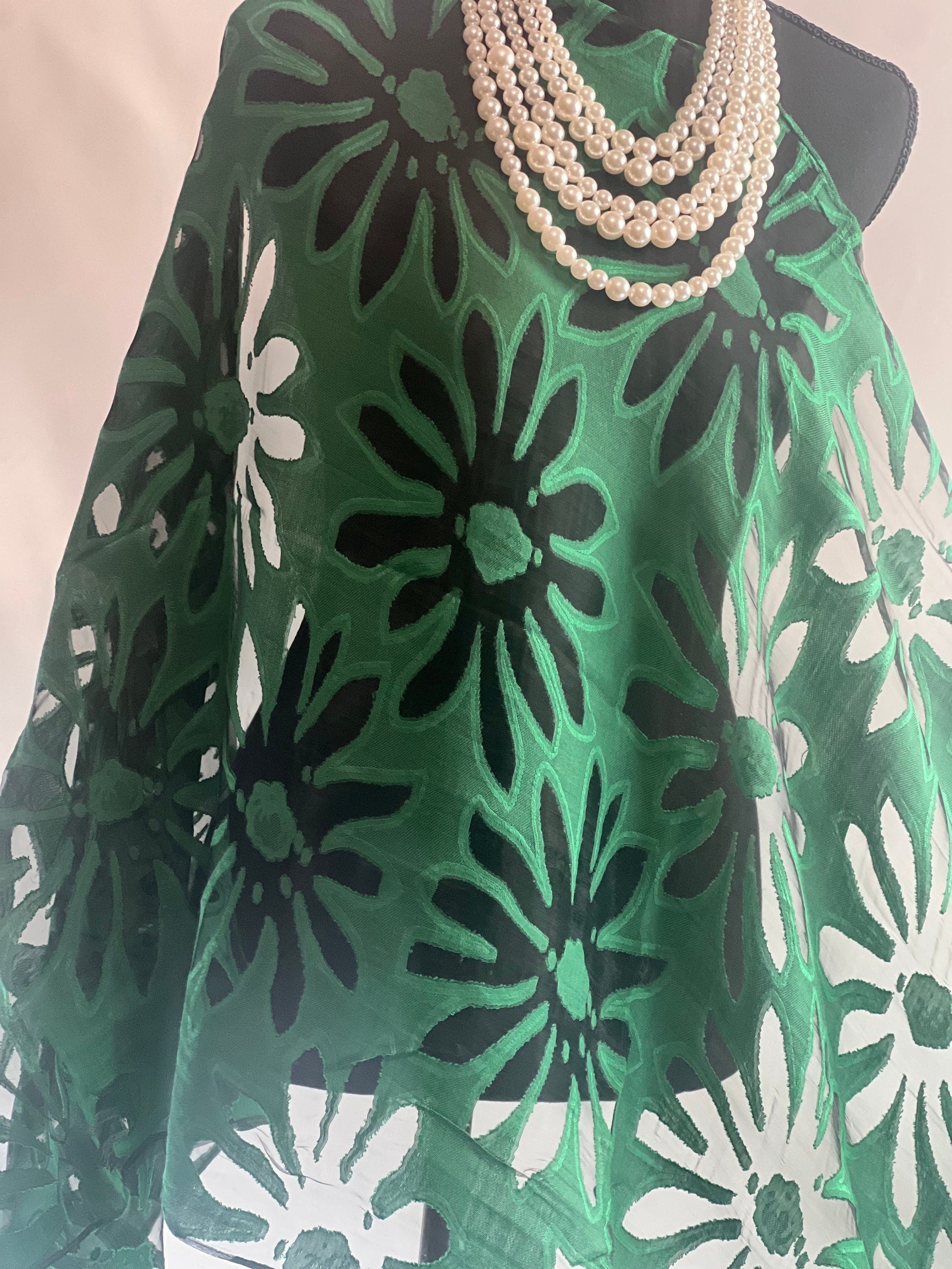 Green Silk Scarf Elegant Flower Cut Organza Silk Scarf: Sheer Floral Wrap for Weddings and Evenings