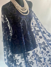 Navy Blue Silk Elegant Flower Cut Organza Silk Scarf: Sheer Floral Wrap for Weddings and Evenings