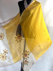 Yellow Gold Scarf Embroidery on Translucent Silk: Charming Shining Organza Silk Scarf for Weddings and Evening Affairs