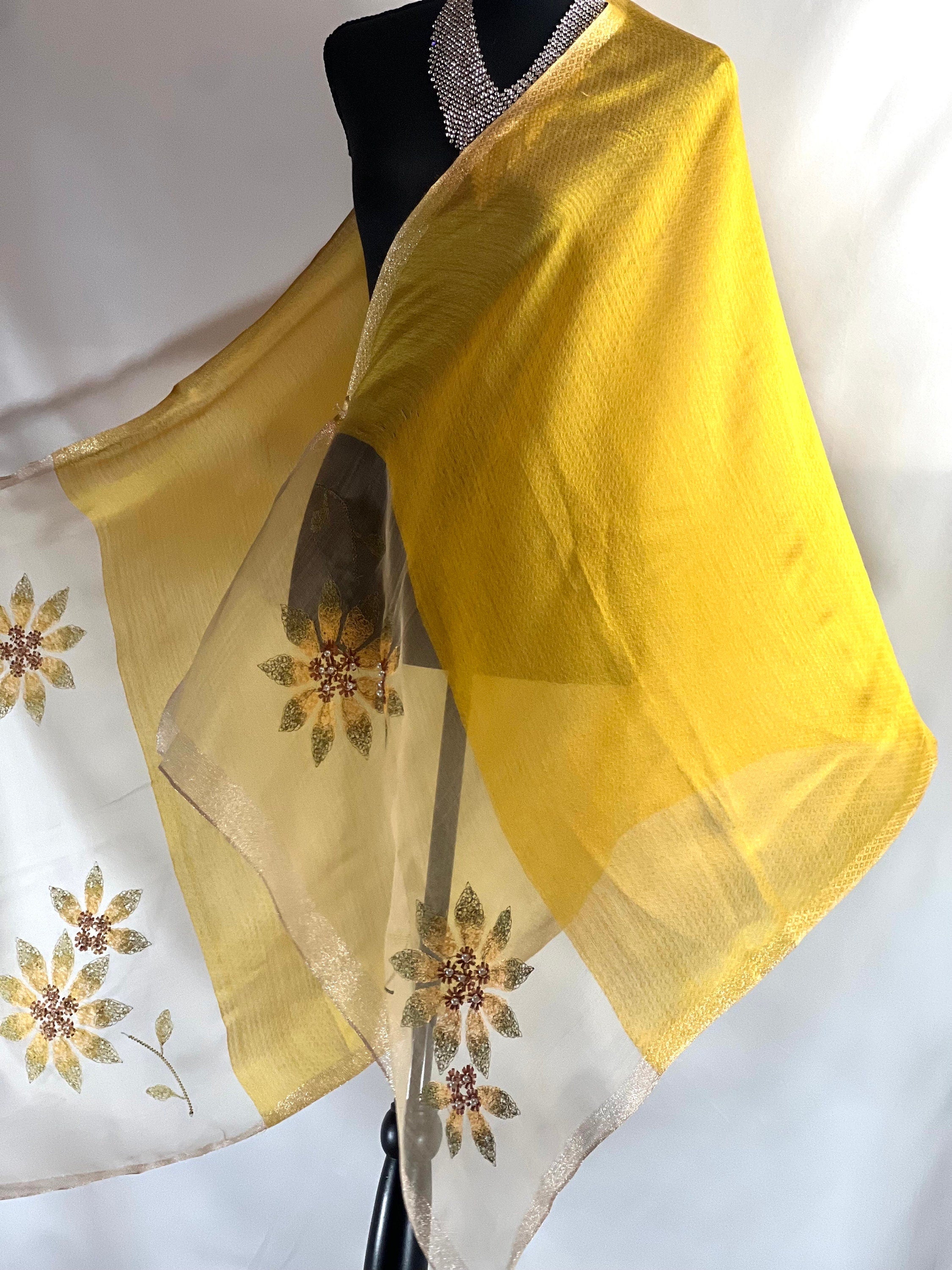 Yellow Gold Scarf Embroidery on Translucent Silk: Charming Shining Organza Silk Scarf for Weddings and Evening Affairs