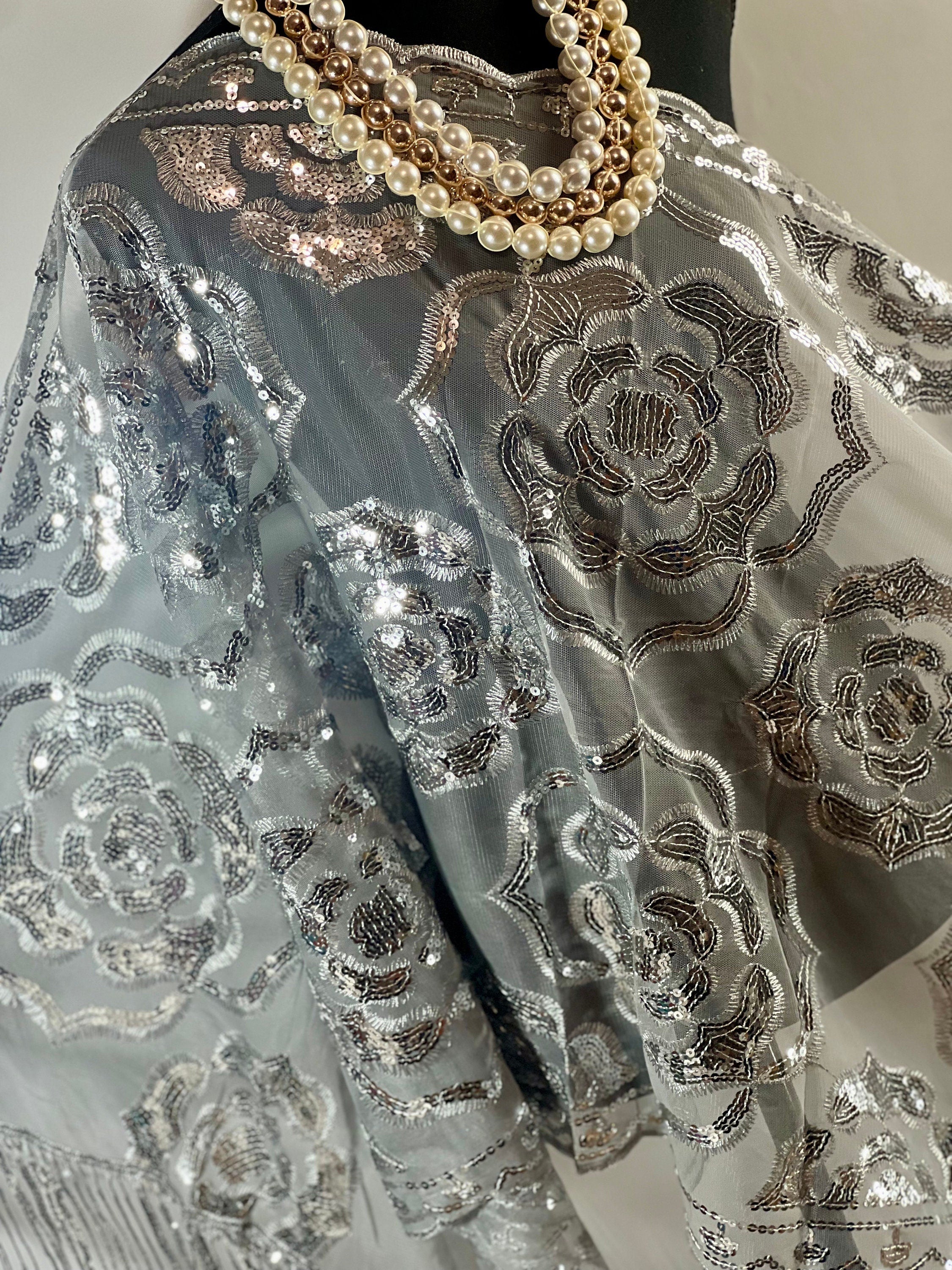 Roses Silver Glittering Vintage Roses Sequin Mesh GRAY Scarf,  Mesh Sequin Wedding Cape Fringed Evening Shawl Bling Gray scarf