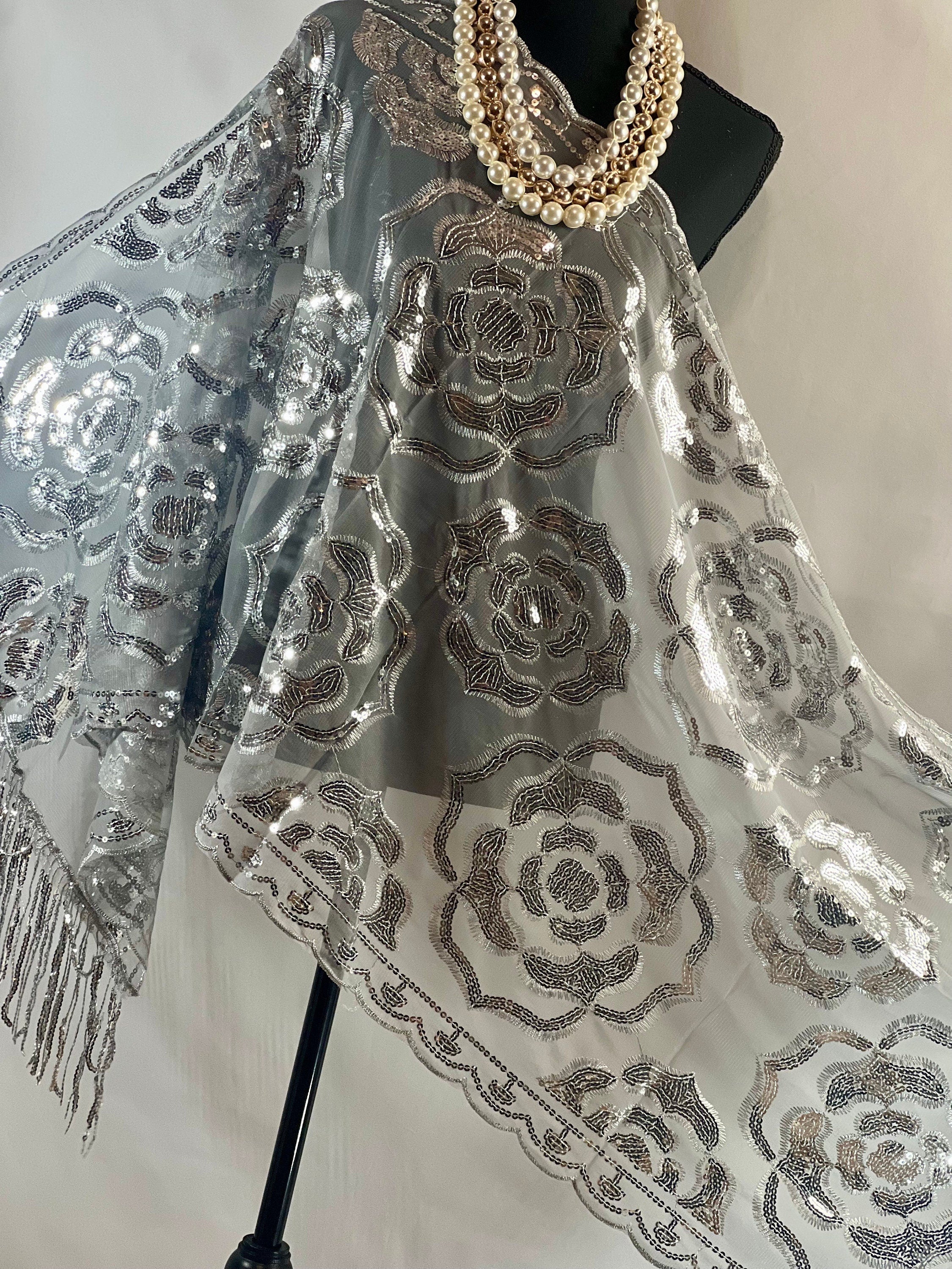 Roses Silver Glittering Vintage Roses Sequin Mesh GRAY Scarf,  Mesh Sequin Wedding Cape Fringed Evening Shawl Bling Gray scarf