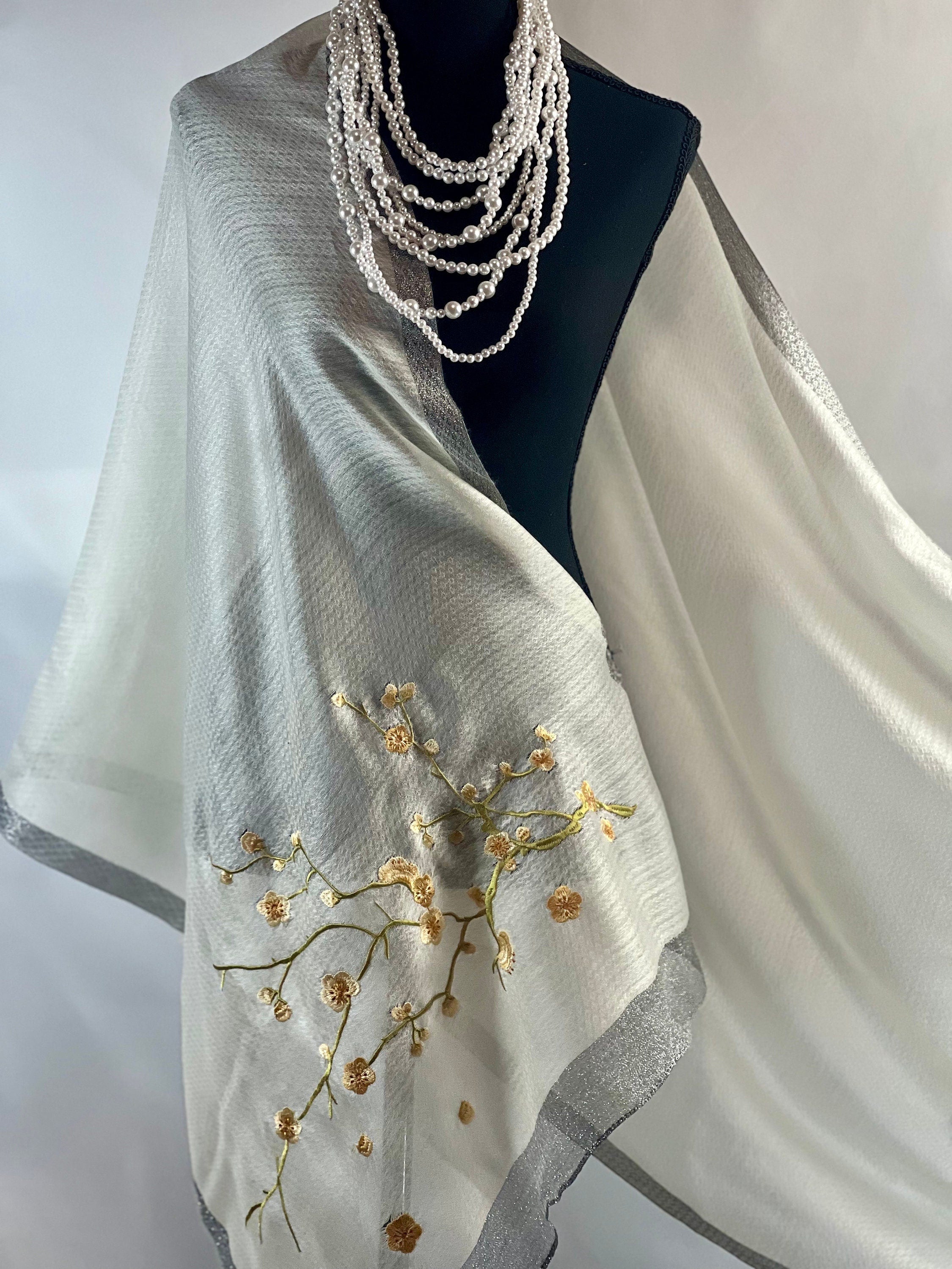 Ivory Silk Scarf Embroidery on Translucent Silk: Charming Shining Organza Silk Scarf for Weddings and Evening Affairs