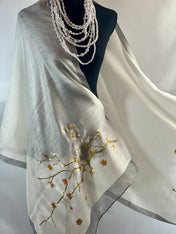 Ivory Silk Scarf Embroidery on Translucent Silk: Charming Shining Organza Silk Scarf for Weddings and Evening Affairs