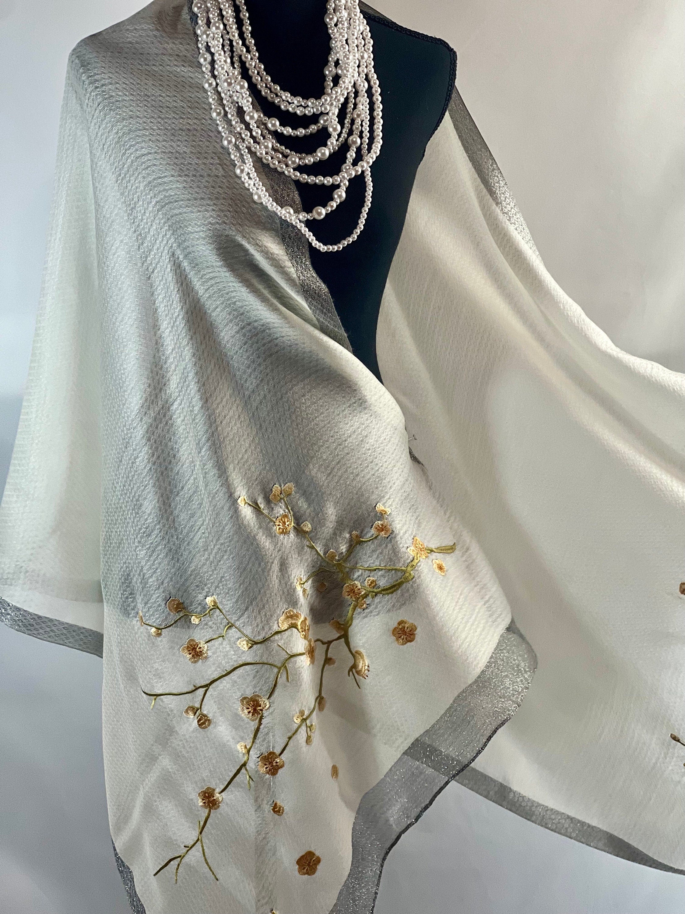 Ivory Silk Scarf Embroidery on Translucent Silk: Charming Shining Organza Silk Scarf for Weddings and Evening Affairs