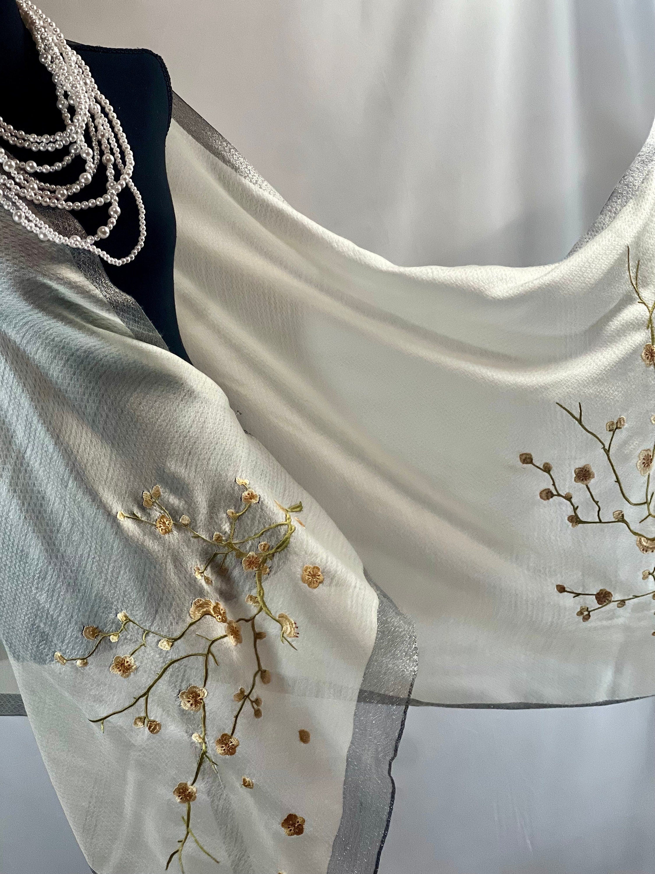 Ivory Silk Scarf Embroidery on Translucent Silk: Charming Shining Organza Silk Scarf for Weddings and Evening Affairs