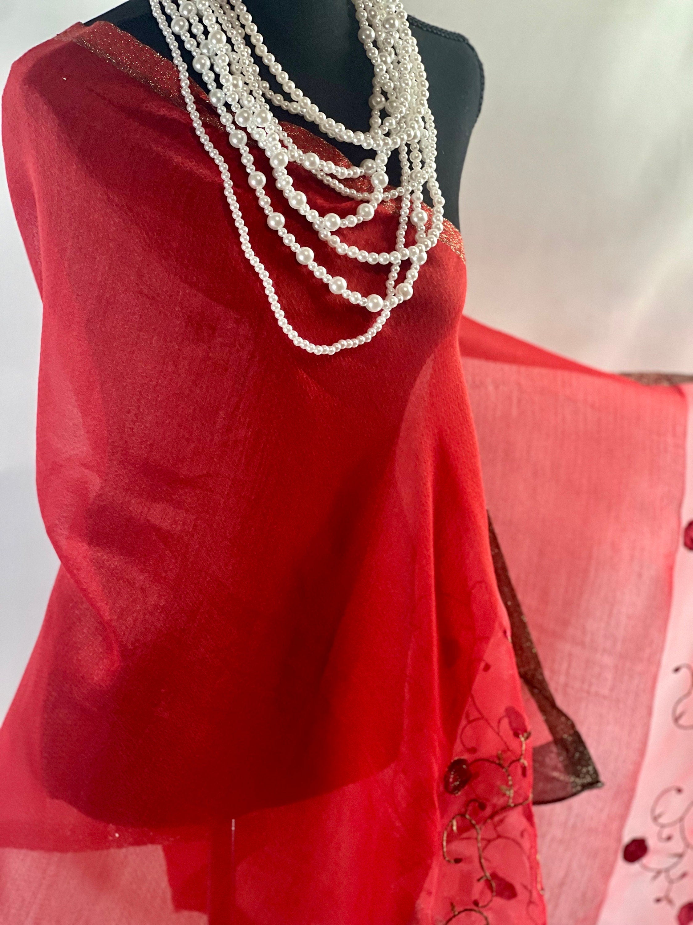 Hot Red Silk Scarf Embroidery on Translucent Silk: Charming Shining Organza Silk Scarf for Weddings and Evening Affairs