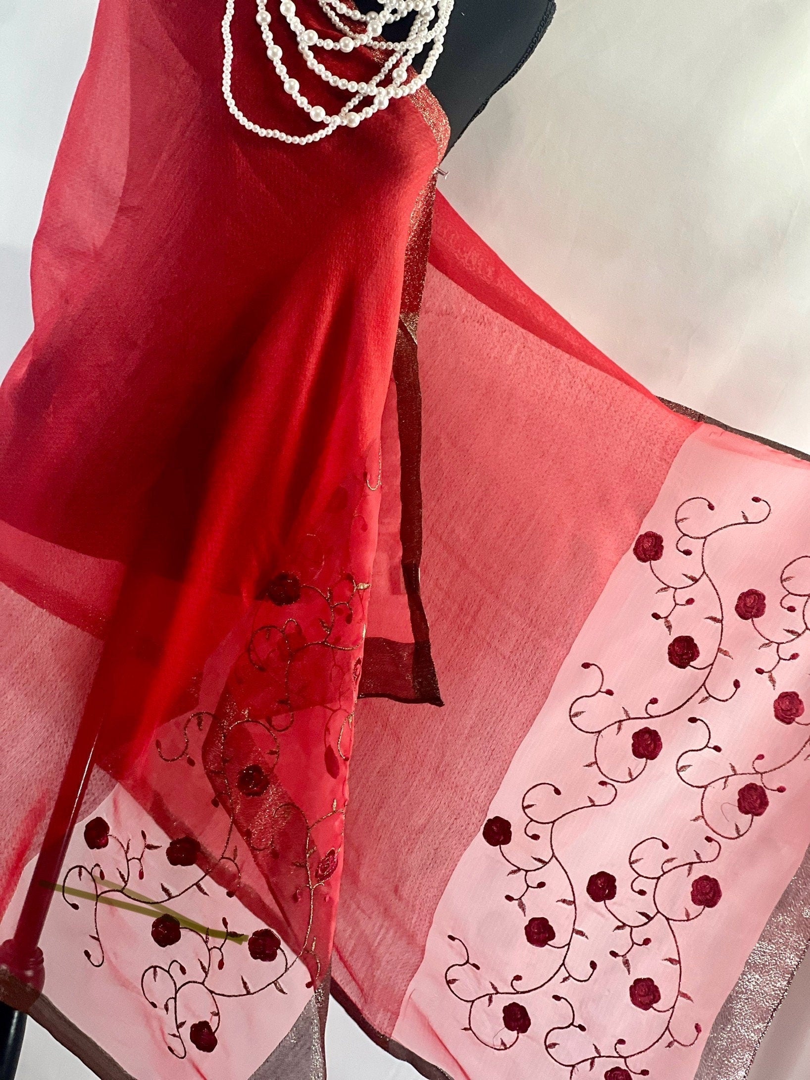 Hot Red Silk Scarf Embroidery on Translucent Silk: Charming Shining Organza Silk Scarf for Weddings and Evening Affairs