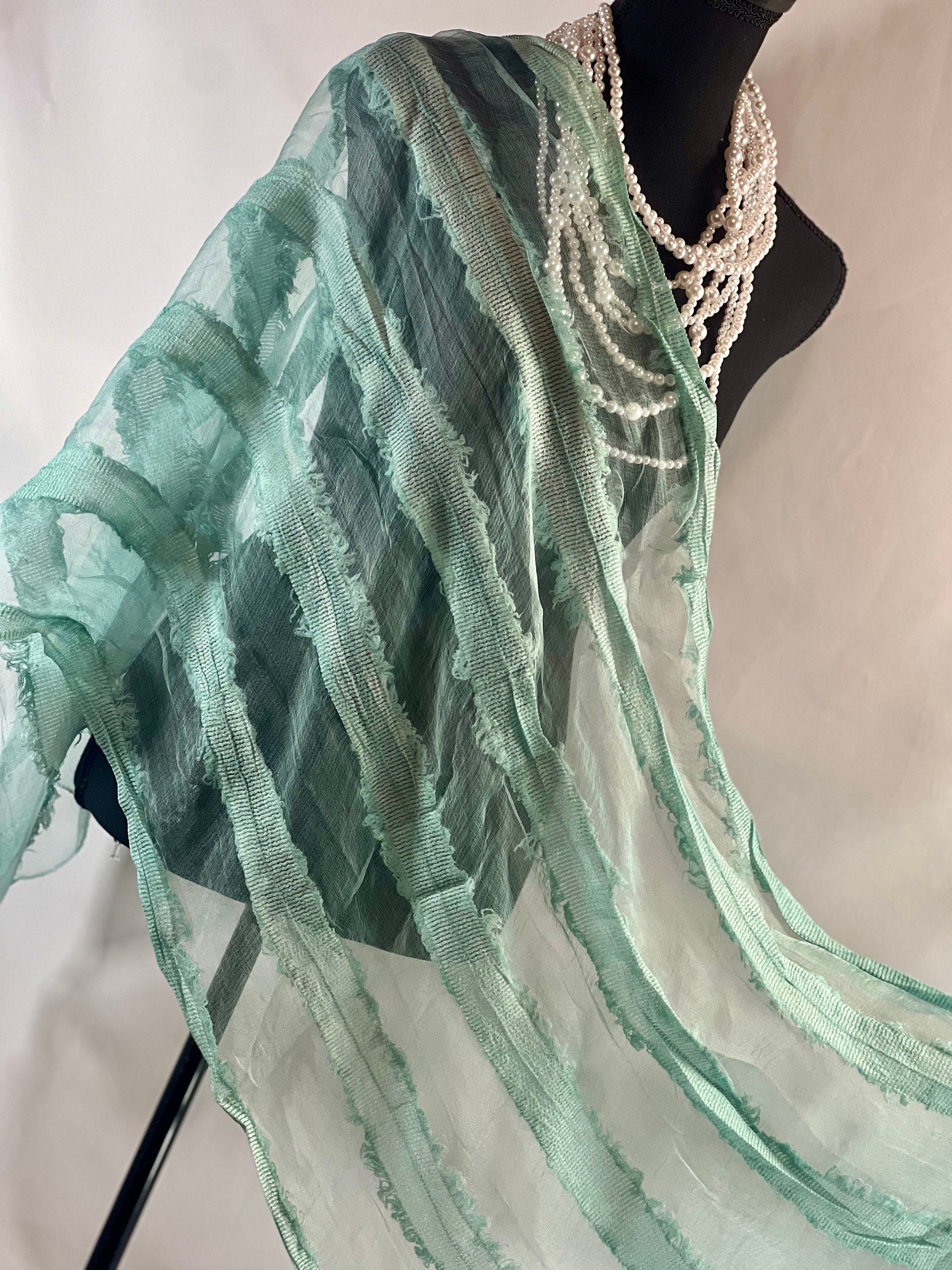 Green Distressed Sheer Elegant Scarf. Sheer Chiffon Black Wrap Sheer fabric Artful design, evening scarf.